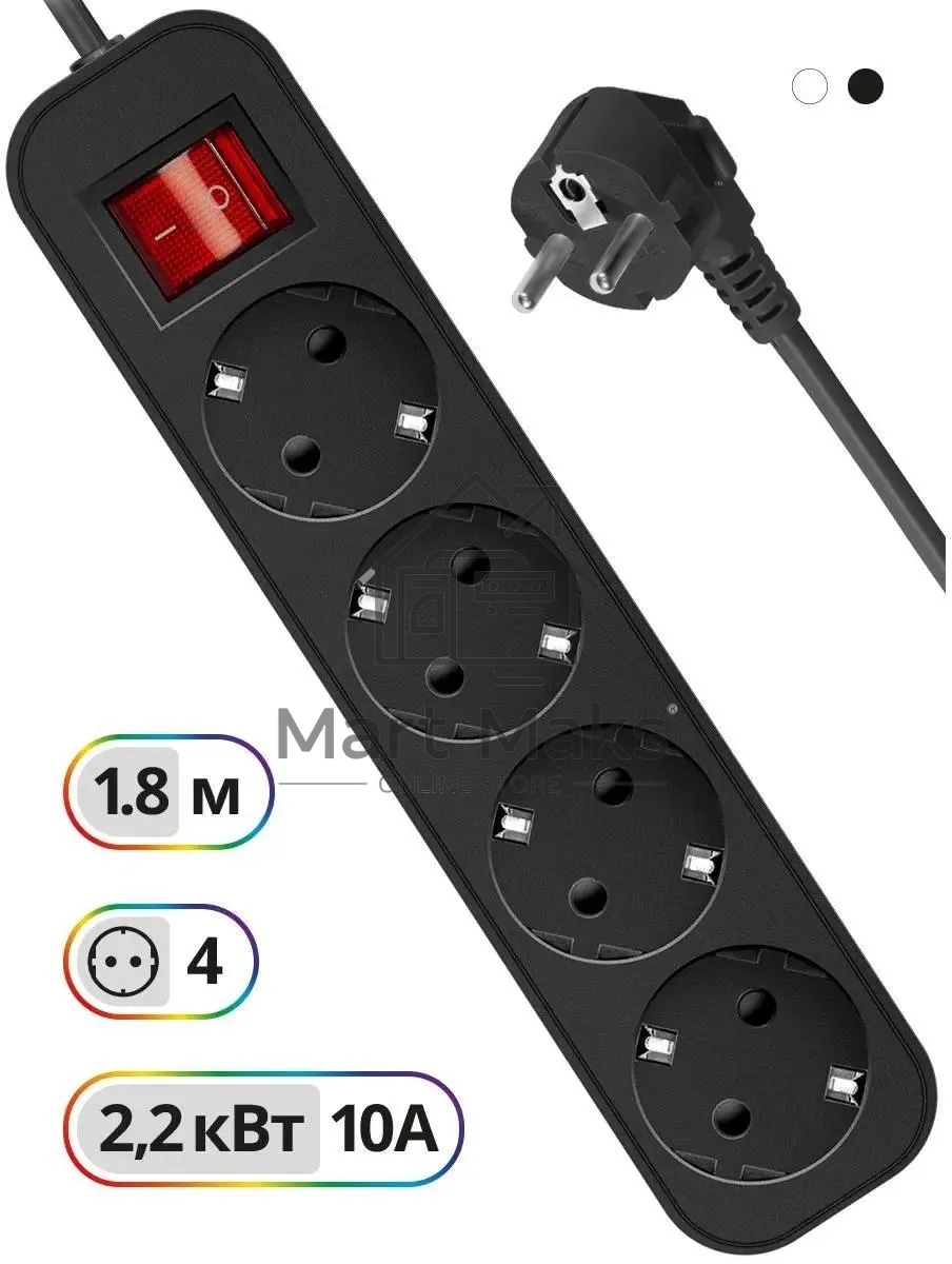 Удлинитель Defender G418 черный, 1.8 м, EURO, 4 розетки, 2200 Вт