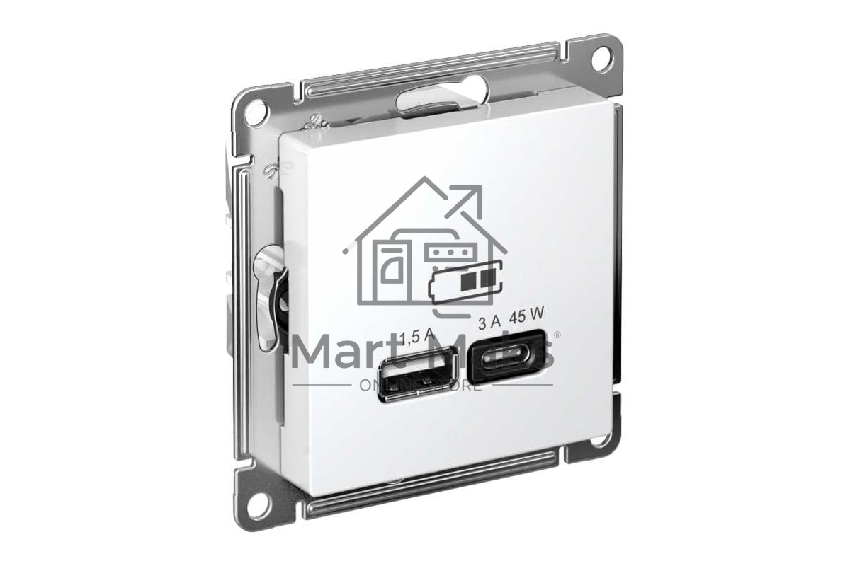 Розетка USB AtlasDesign тип A+C 45Вт QC PD высокоскор. ЗУ механизм бел. SE ATN000129