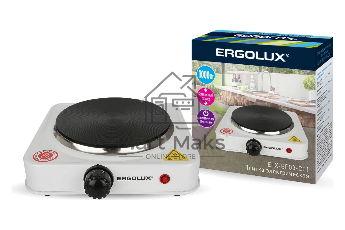 Электрическая плитка Ergolux ELX-EP03-C01 1 конф., дисковый нагр. эл., 1000 Вт 220-240В белый
