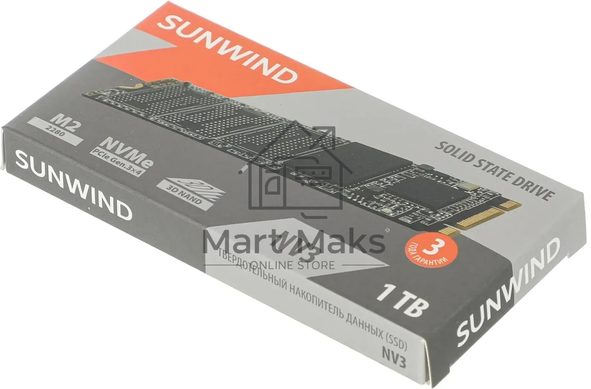 Накопитель SSD SunWind NV3 SWSSD001TN3T, 1Tb, PCIe 3.0 x4, M.2 2280, NVMe, R/W 2000/1600