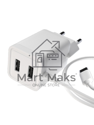 Сетевое зарядное устройство Maxvi A202T 2хUSB 2А 10W + литой кабель Type-C 1.2м, белый