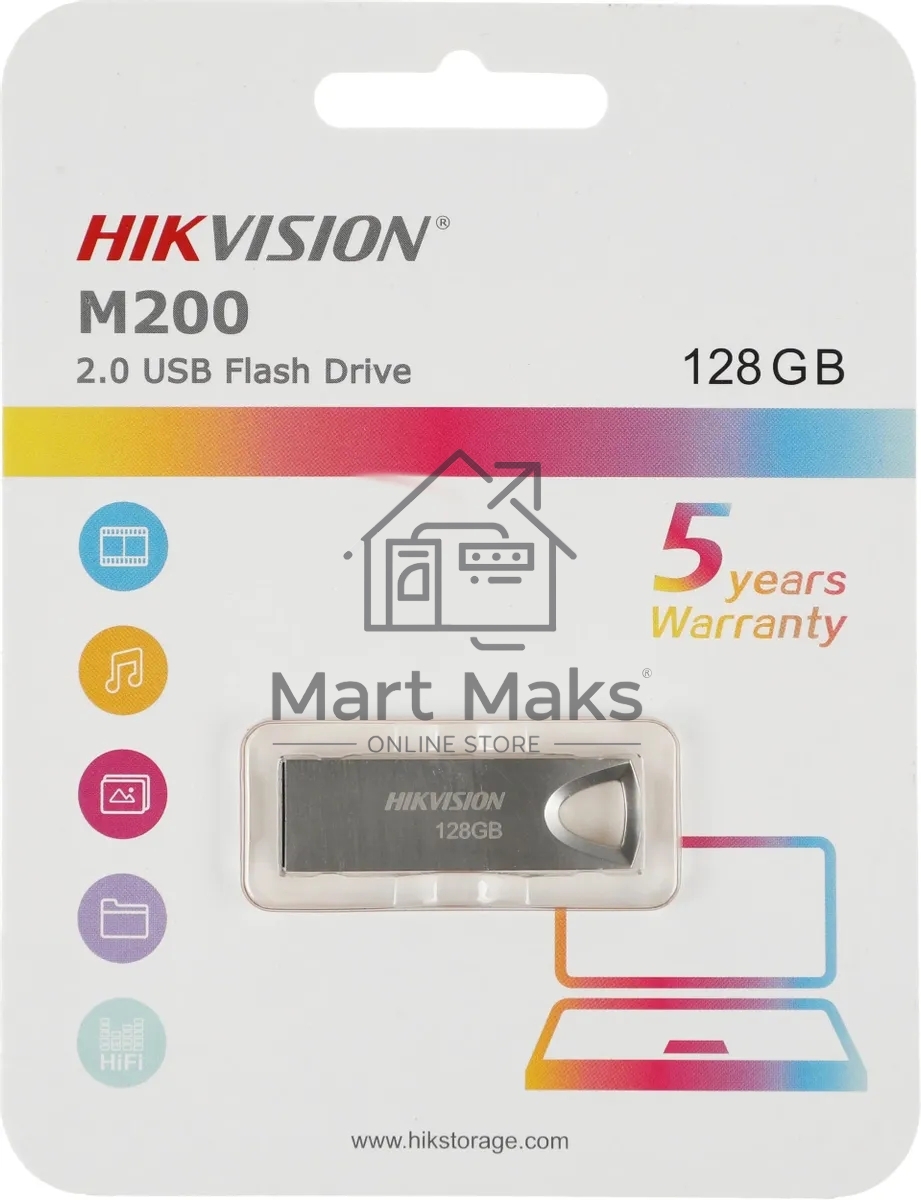 Флешка USB Hikvision M200 (HS-USB-M200/128G), 128Gb, USB 2.0, R/W 80/30, серебристый