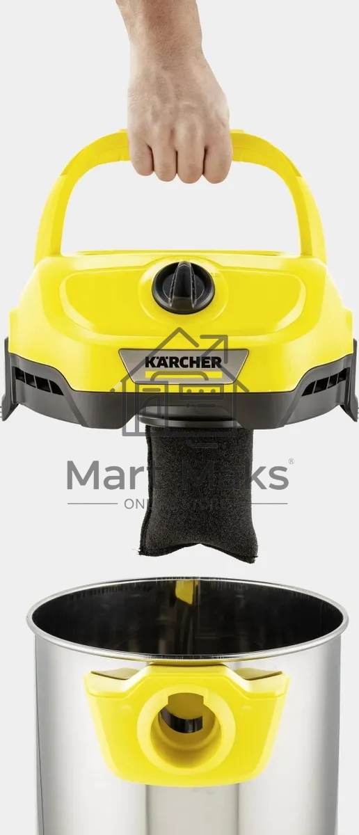 Строительный пылесос Karcher WD 2 Plus S V-15/4/18 желтый, 1000 Вт, уборка сухая/сбор воды, пылесборник мешок/контейнер, 15 л