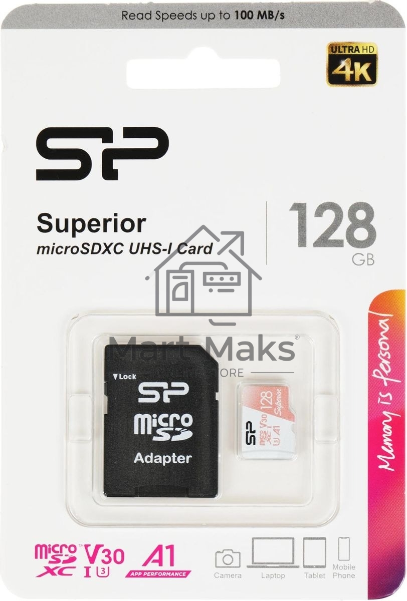 Флеш карта microSD 128GB Silicon Power Superior A1 microSDXC Class 10 UHS-I U3 100/80 Mb/s (SD адаптер)
