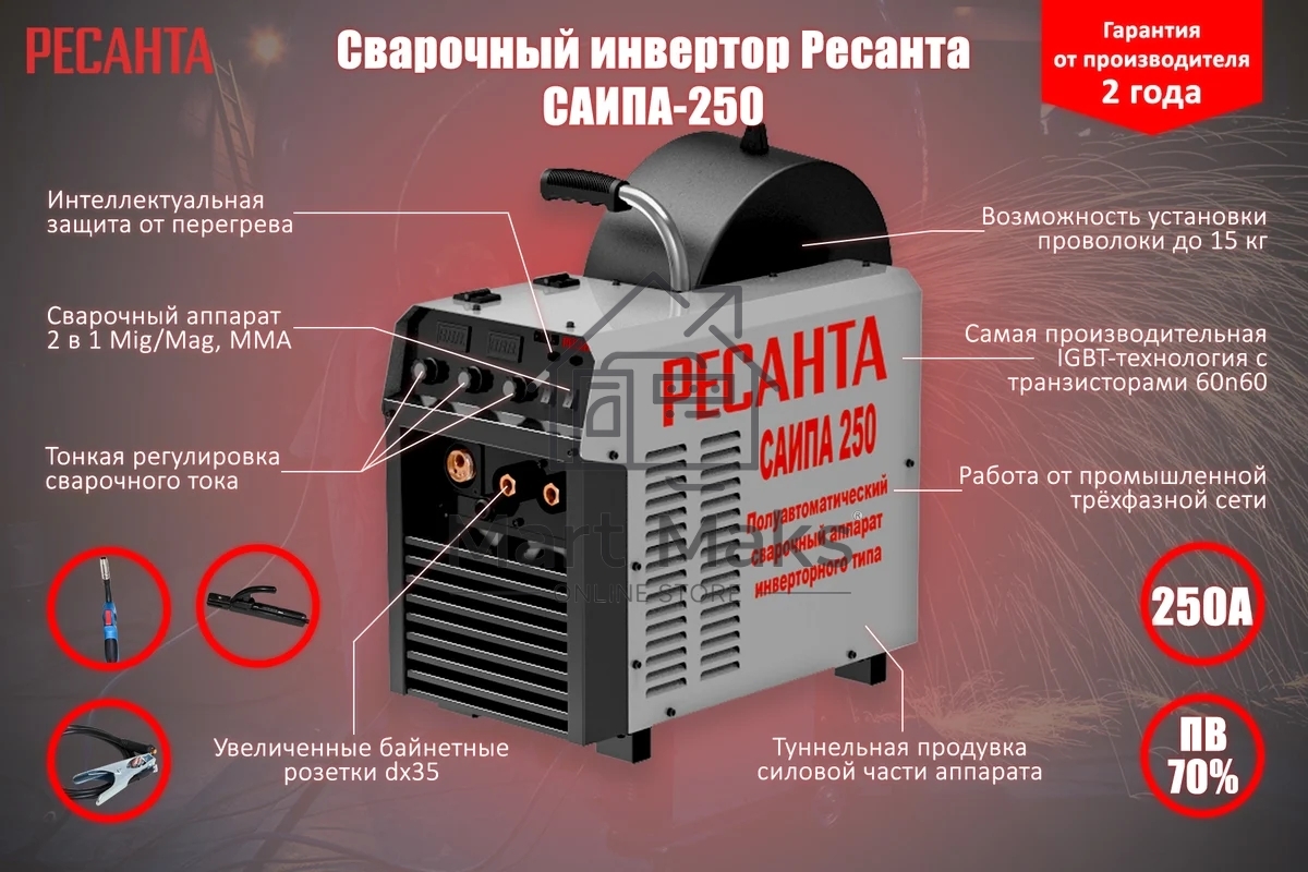 Сварочный аппарат Ресанта САИПА-250 инвертор ММА DC/MIG-MAG/FCAW 11.5кВт