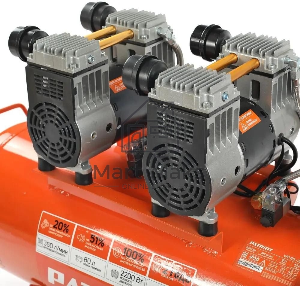 Компрессор Patriot поршневой безмасляный WO 80-360, 360 л/мин, 8 бар, 2200 Вт, 80 л, быстросъем и 