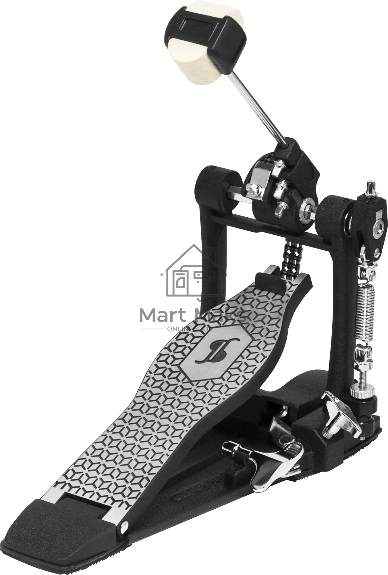 Педаль для бас-барабана STAGG PP-52 одинарная с двойным цепным приводом, стальное основание с антифрикционной накладкой, 2 анкера для фиксации, 4-х сторонняя колотушка (фетр/пластик) с регулируемым углом и пружинным натяжением