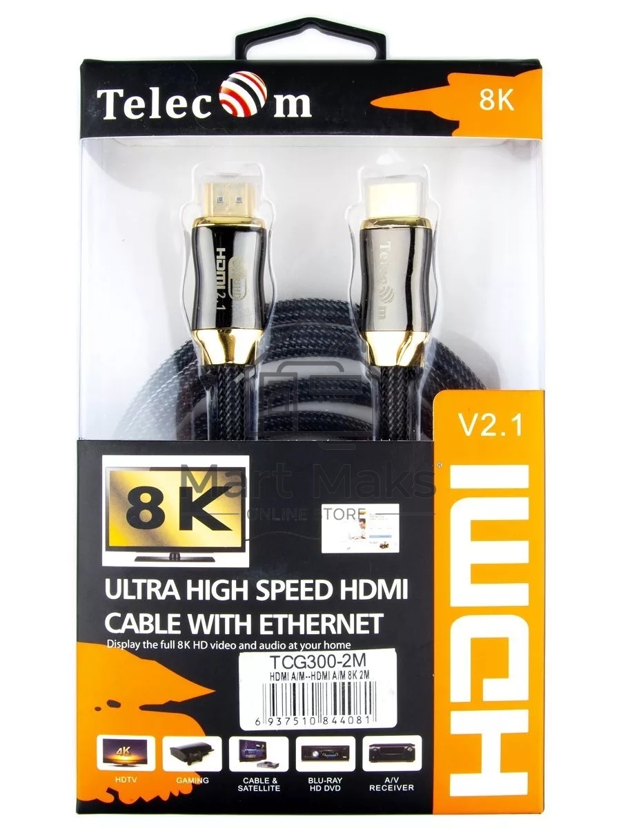 Кабель HDMI 19M/M,ver. 2.1, 8K@60 Hz 2m метал разъемы, нейлоновая оплетка Telecom <TCG300-2M>