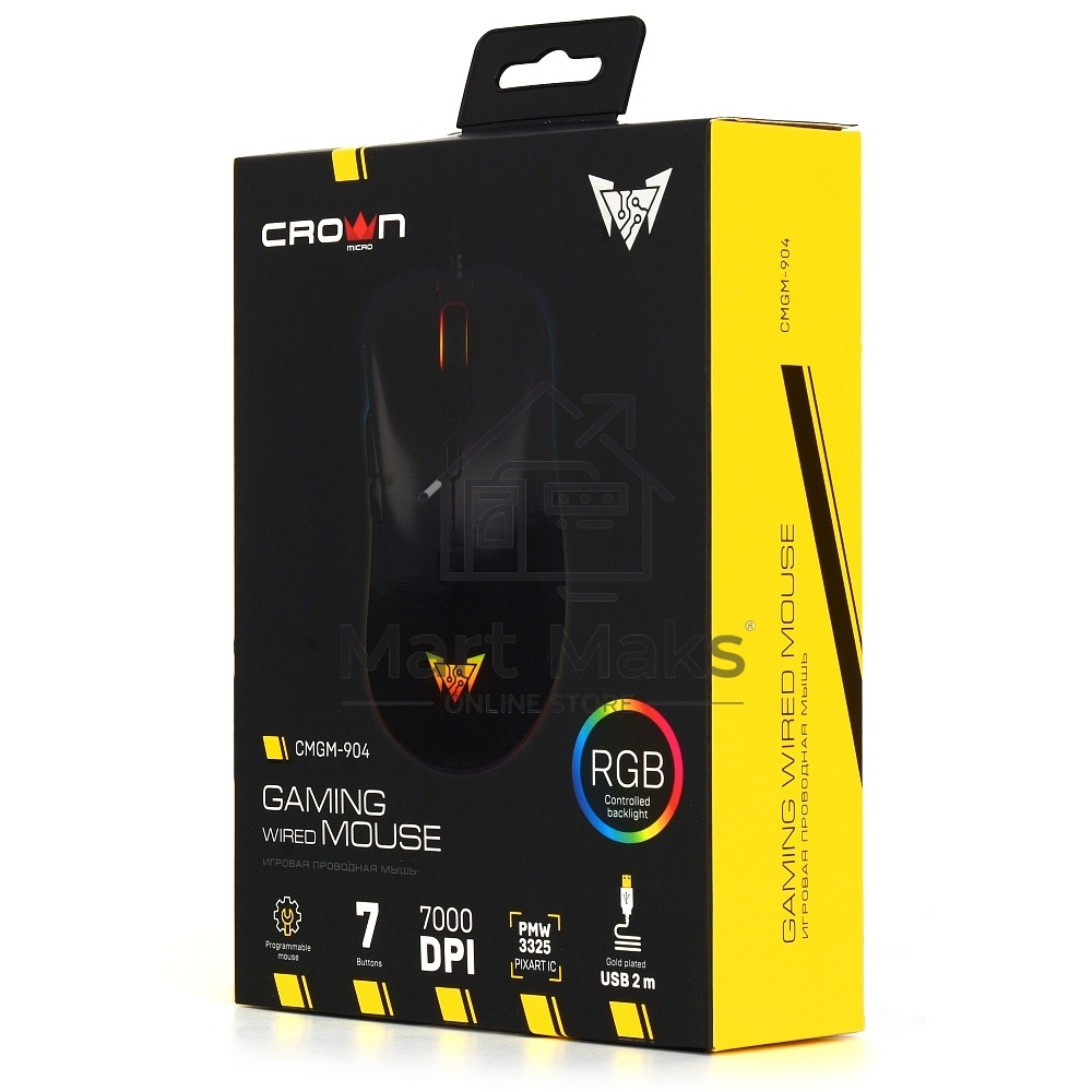 Мышь проводная Crown CMGM-904 черный, 7000 dpi, USB, кнопки - 7