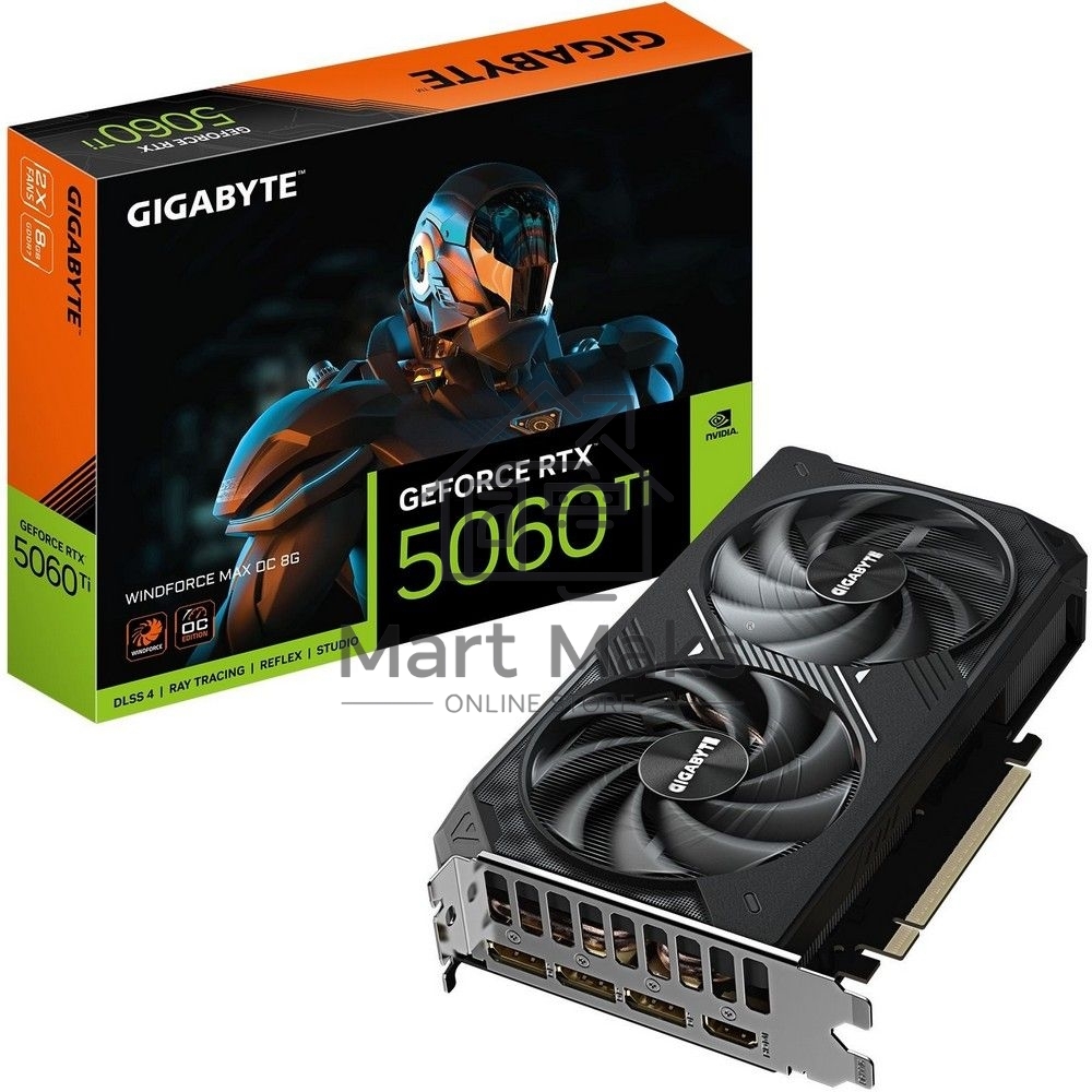 Видеокарта Gigabyte GeForce RTX 5060 Ti Windforce Max OC, NVIDIA RTX 5060 Ti, 8 ГБ GDDR7, 128 бит, PCI-e 5.0, 1xHDMI, 3xDP, 2587 МГц