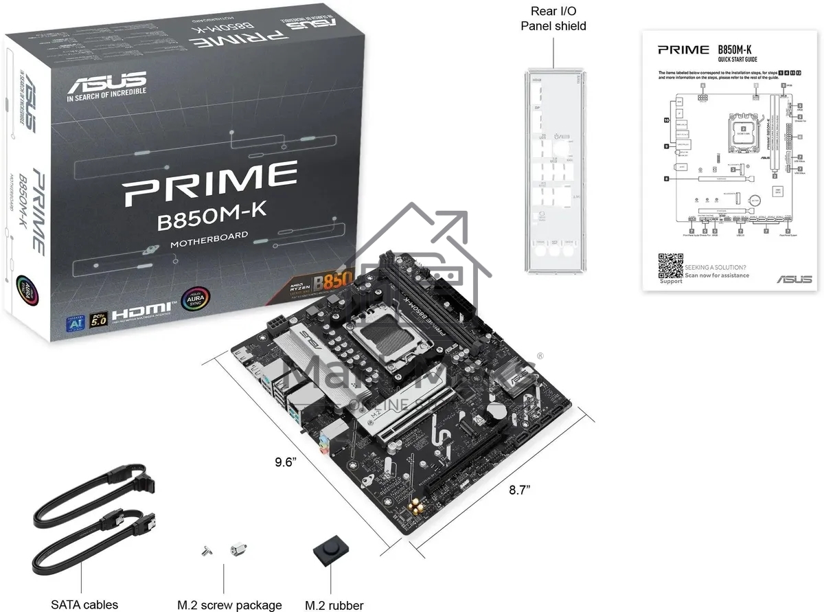 Материнская плата ASUS PRIME B850M-K, AM5, AMD B850, 2xDDR5, 4xSATA, 2xM.2, 1xPCIe 5.0 x16, 1xPCIe 4.0 x8, 1xDP (v1.4), 1xHDMI (v2.1), 1x2.5Gb LAN, 2xUSB-A 10Gbps, 2xUSB-A 5Gbps, 4xUSB-A 2.0, 3x3.5 мм, 7.1, mATX