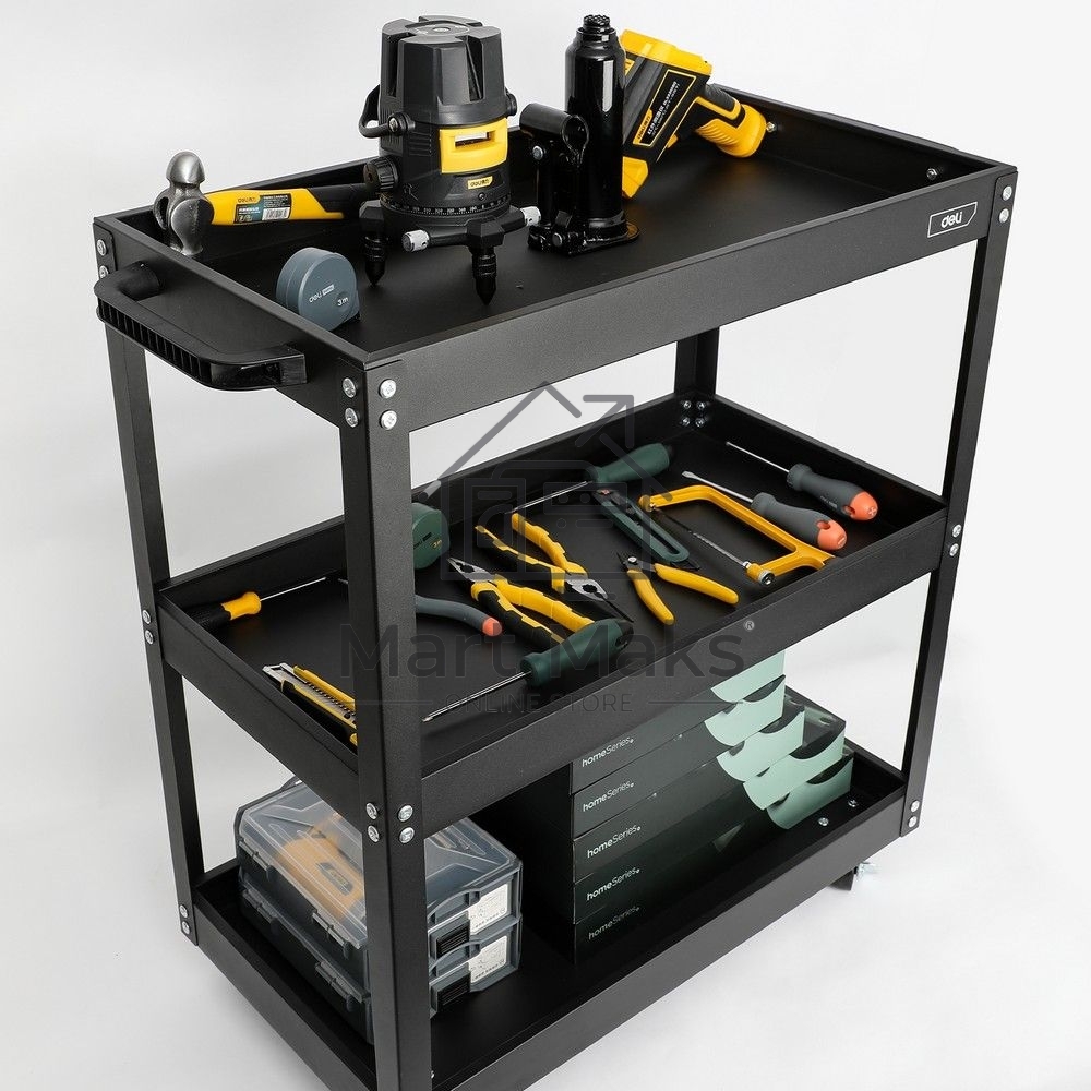 Тележка инструментальная трехсекционная на колесах Deli DL433023 700x350x760мм, до 210кг, толщина полки 0,7мм, толщина стойки 1,2мм