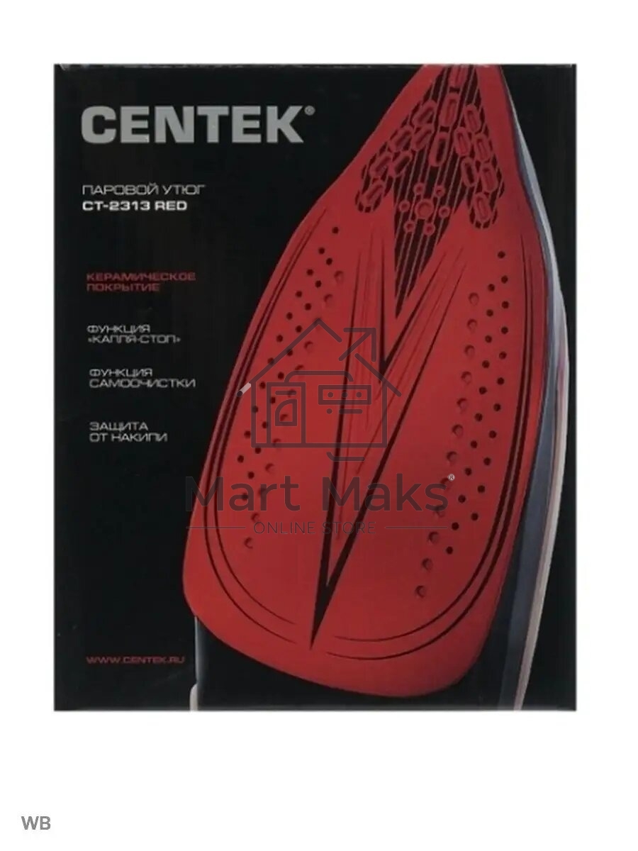 Утюг Centek CT-2313 RED 2600 Вт керамическая подошва, 350мл, паровой удар, самоочистка, капля-стоп