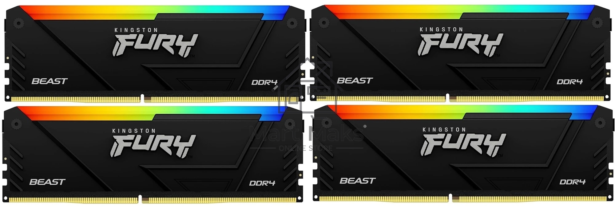 Оперативная память Kingston Fury Beast, DDR4, 64GB (4x16GB), 3200MHz, CL16, DIMM, с радиатором, RGB, черный