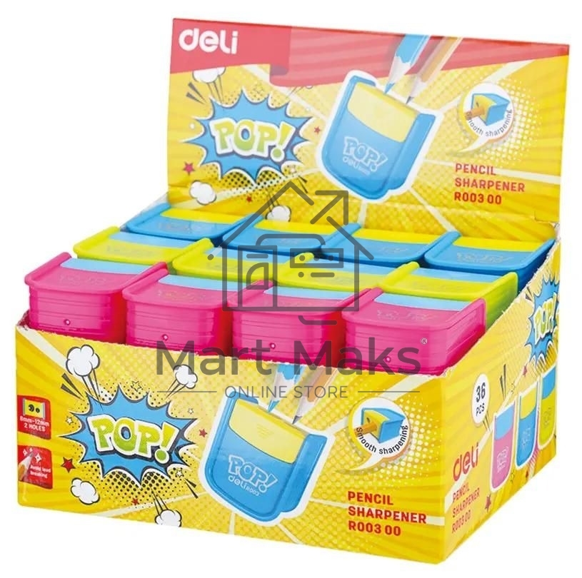 Точилка для карандашей ручная Deli ER00300 PoP, 2 отверстия, пластик, ассорти, дисплей