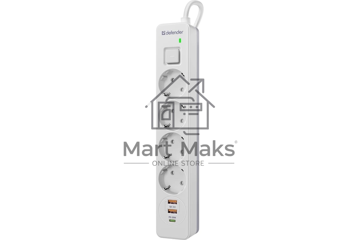 Удлинитель с сетевым фильтром Defender DFS 143, белый, 4розетки, USB+TypeC, 3 м.