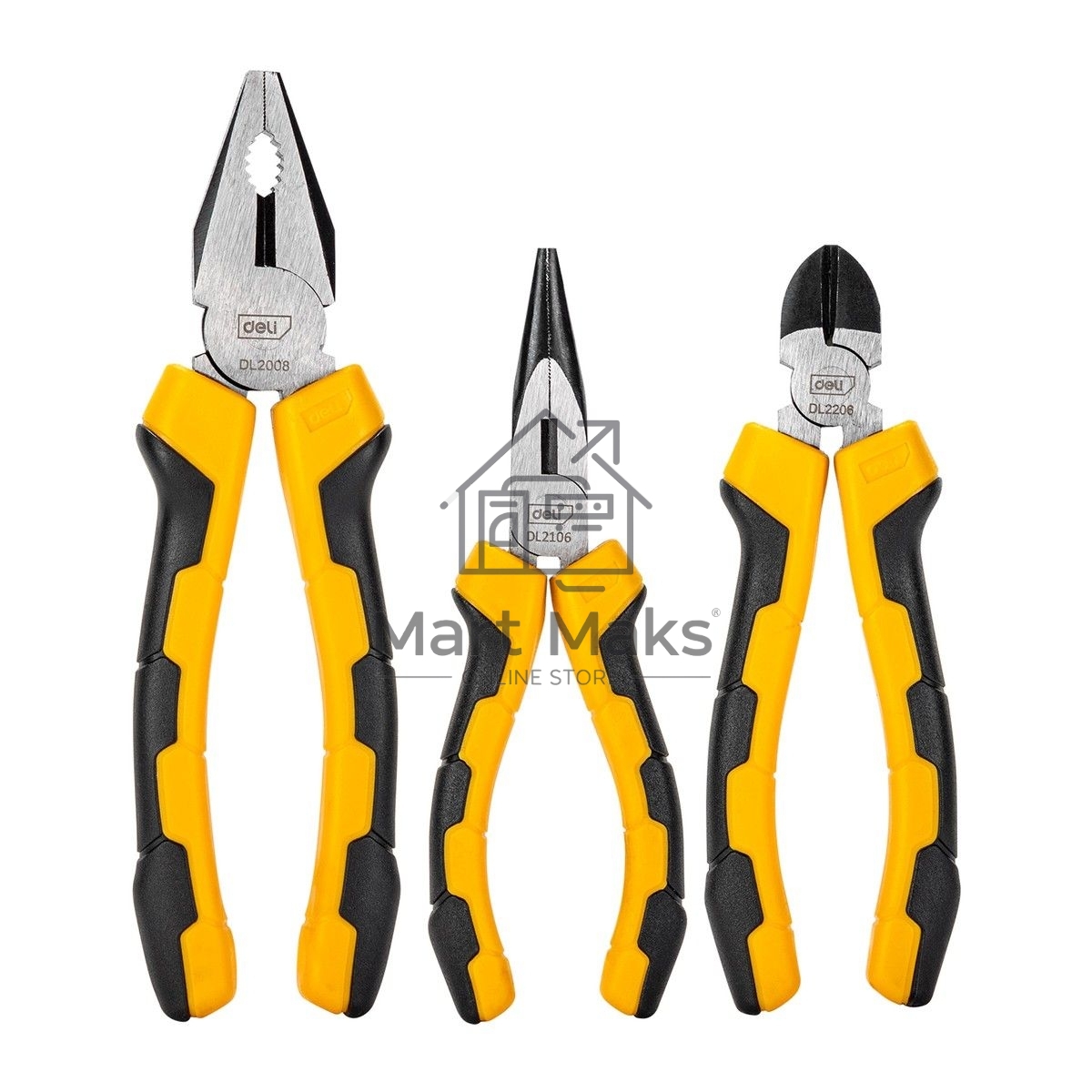 Набор плоскогубцев Deli DL2008-3 8-дюймовые комбинированные плоскогубцы, 6-дюймовые длинногубцы, 6-дюймовые диагональные плоскогубцы. Высокоуглеродистая сталь. Двухкомпонентная ручка.
