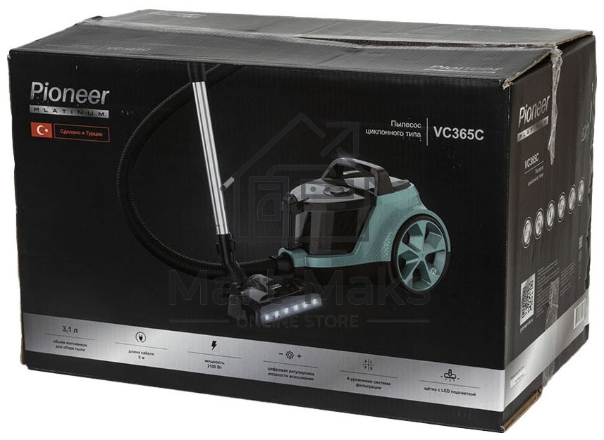 Пылесос Pioneer VC365C черный/зеленый, 360/2100 Вт, уборка сухая, пылесборник контейнер 3.1 л