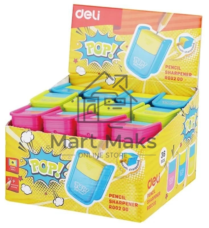 Точилка для карандашей ручная Deli ER00200 PoP, 1 отверстие, пластик, ассорти, дисплей