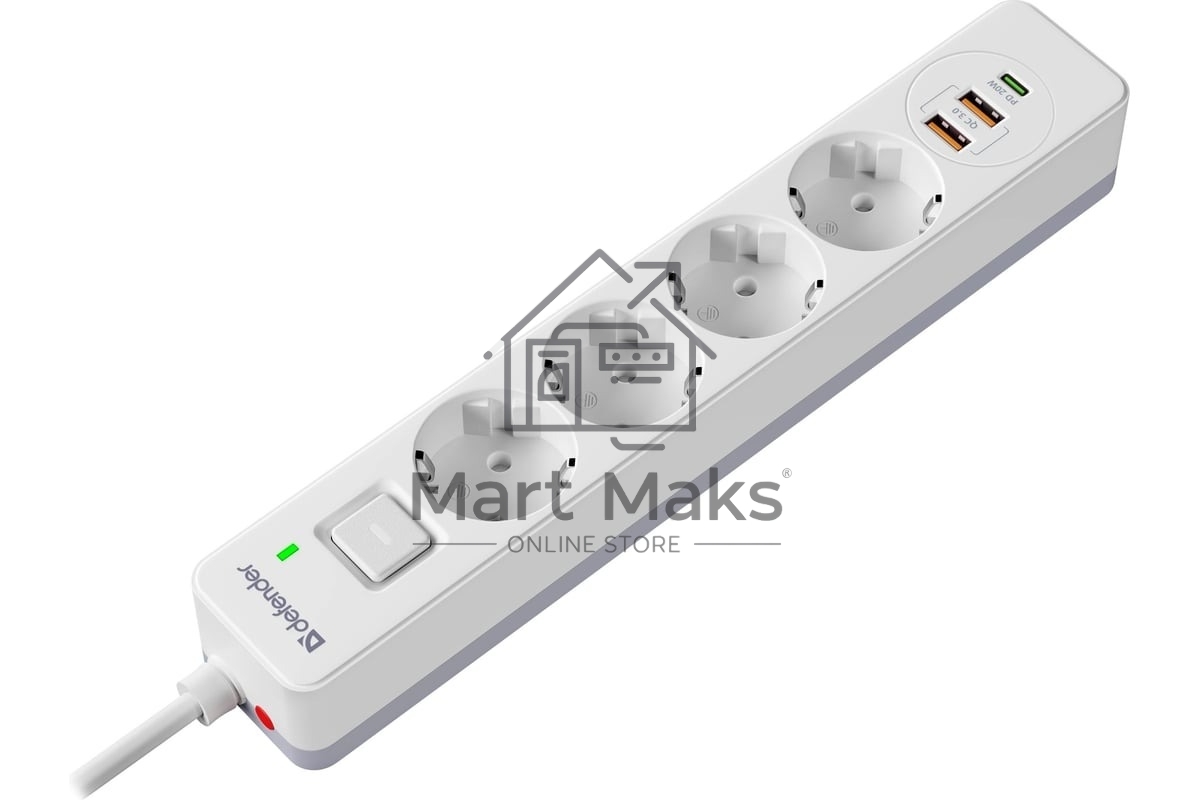 Удлинитель с сетевым фильтром Defender DFS 143, белый, 4розетки, USB+TypeC, 3 м.