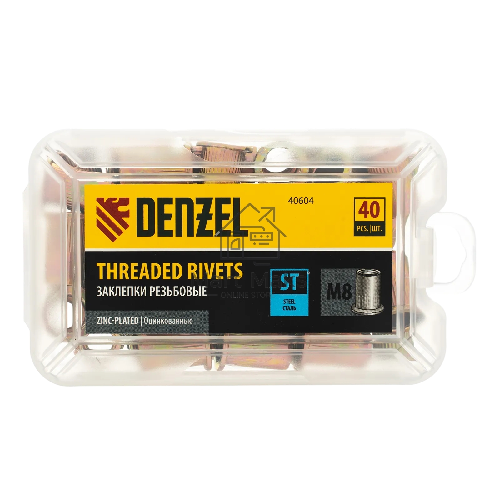 Заклепки резьбовые Denzel стальные, оцинкованные, М8, пластиковый кейс, 40 шт.