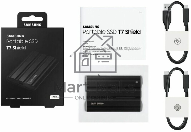 Внешний SSD Samsung T7 Shield, 2TB, USB 3.2 Gen 2 Type-C, R/W 1050/1000, черный