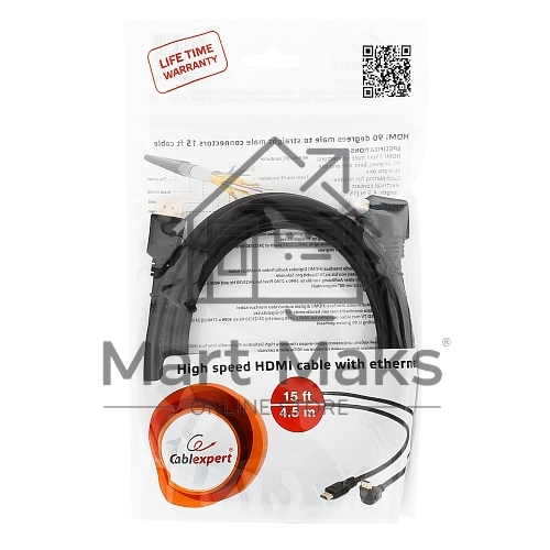 Кабель Cablexpert HDMI CC-HDMI490-15, 19M/19M, v2.0, медь, позол.разъемы, экран, угловой, 4.5м, черный, пакет