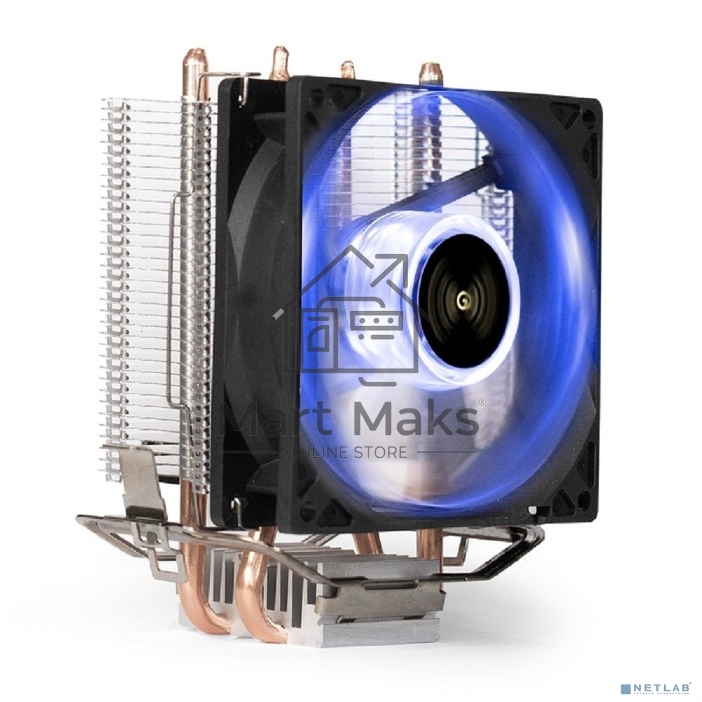 Кулер для процессора ExeGate Wizard EXX200-PWM.BLUE серебристый, 90 мм, алюминий/медь, 2400 об/мин, 24 дБ, 4 pin, 95 Вт, 130 мм