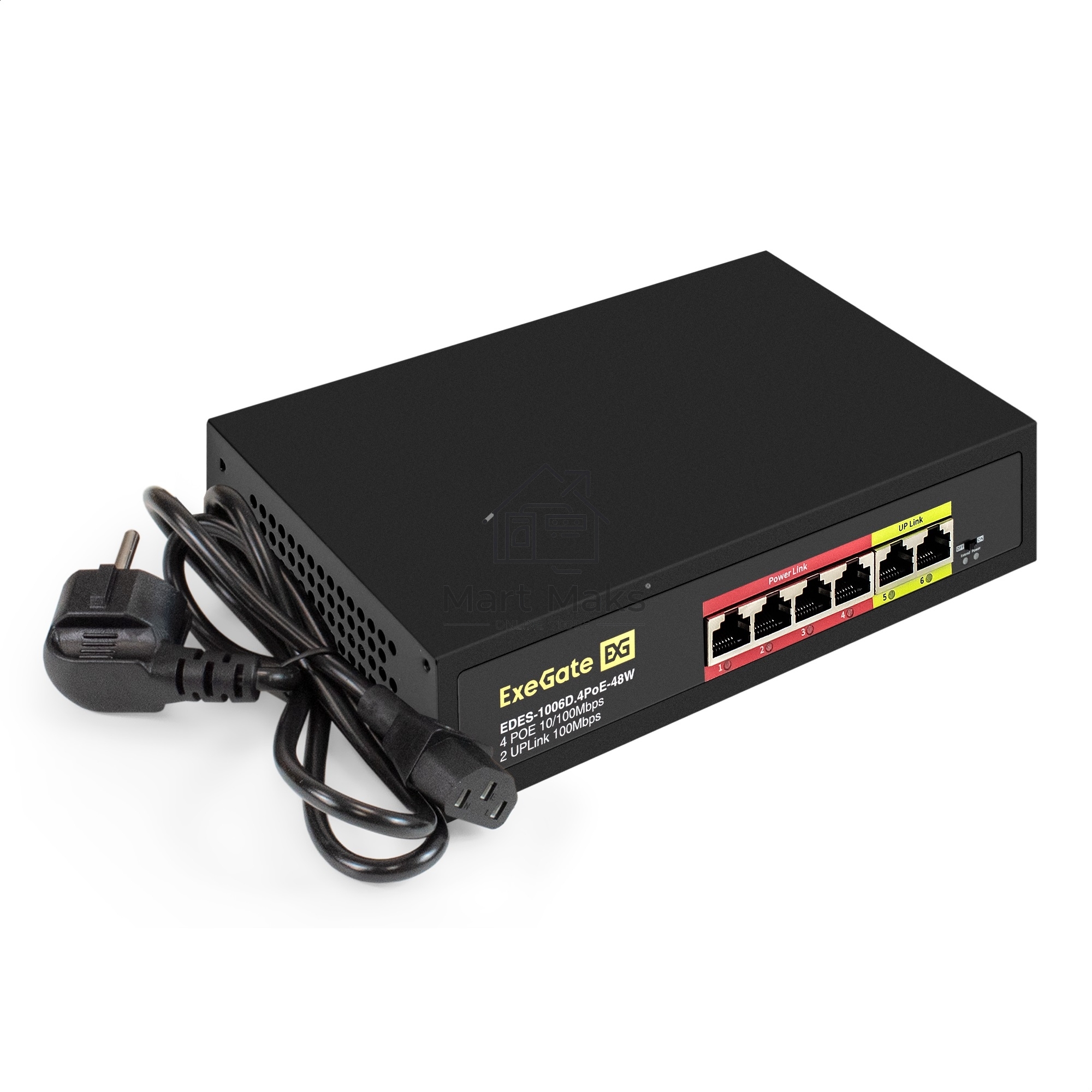 Коммутатор неуправляемый ExeGate EDES-1006D.4PoE-48W (6-портовый UTP 10/100 Base-Tx: 4 порта 802.3af (PoE), мощность PoE: 25W, суммарно 48W, 2 порта RJ45 uplink, настенный/настольный, металлический корпус)
