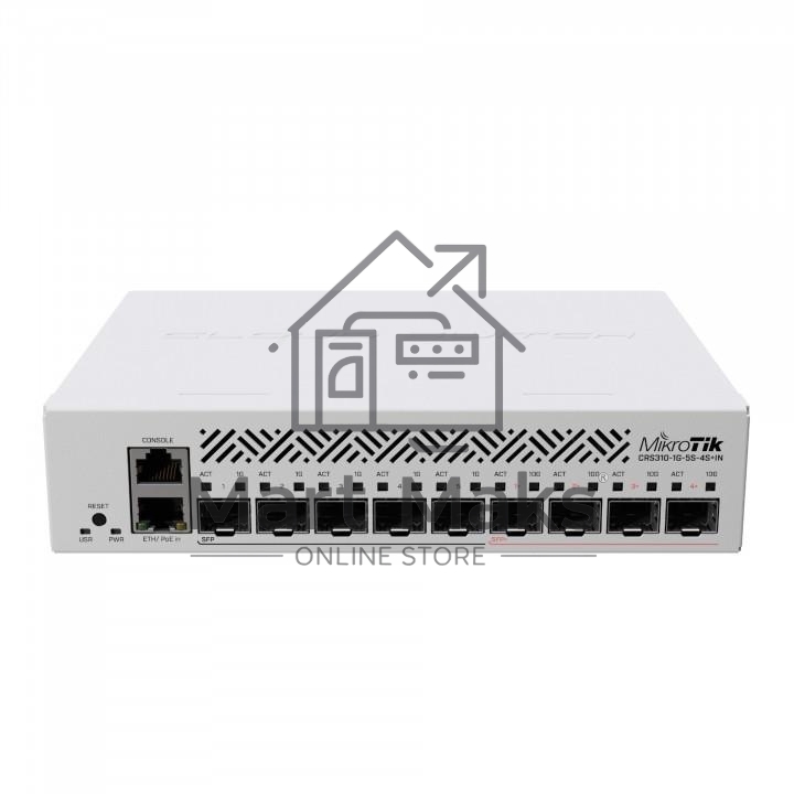 Коммутатор MikroTik Cloud Router Switch CRS310-1G-5S-4S+IN with 800 MHz CPU, 256 MB RAM, 4xSFP+, 5xSFP cages, 1xGBit LAN port, RouterOS L5, desktop case, rackmount ears, PSU