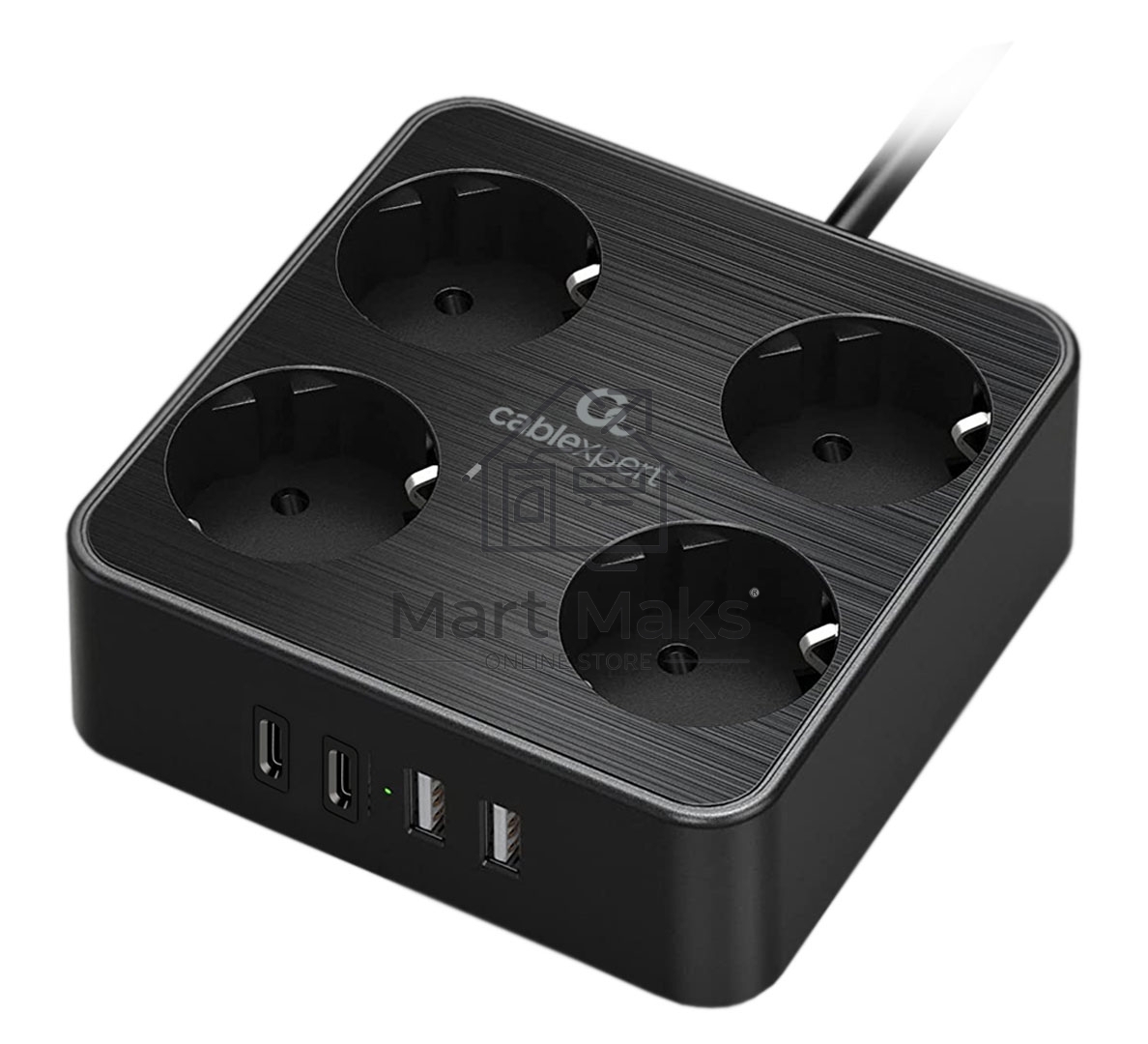 Сетевой фильтр Cablexpert Plate, PLT-4-C2U2-B-2, 4р, 10А, 2xType-C PD, 20Вт, 2xUSB, 2.4A, 2м, ур.защиты 4+, черный, коробка