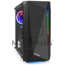 Компьютерный корпус Minitower ExeGate EX294384RUS Mistery R2 (mATX, без БП, 2*USB+1*USB 3.0, аудио, черный, 1 вент. 12см с RGb подсветкой и полоса на передней панели, боковая панель - закаленное стекло)