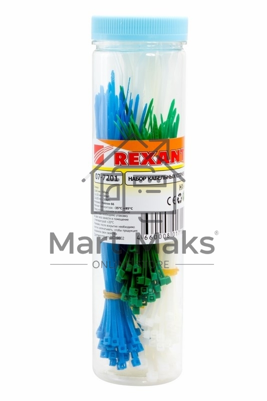 Набор хомутов-стяжек нейлоновых Rexant 100, 150, 200 мм, цветные, НХ-1, тубус 200 шт.