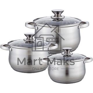 Набор посуды WEBBER BE-615/6 из нерж.стали 6 пр. 2,9л, 5,1л, 6,6л со стеклянными крышками В наборе 6 предметов: кастрюля со стеклянной крышкой 18х11,5см; 2,9л кастрюля со стеклянной крышкой 22х13,5см; 5,1л кастрюля со стеклянной крышкой 24х14,5см; 6,6л То