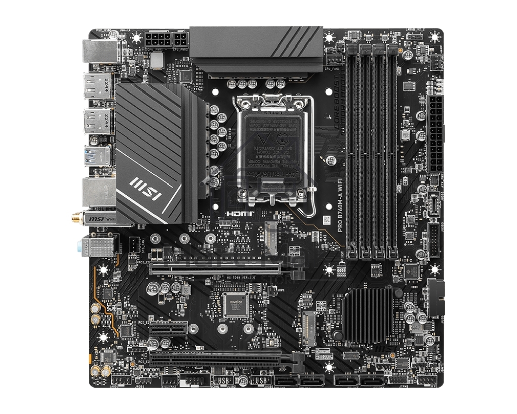 Материнская плата MSI PRO B760M-A WIFI, LGA 1700, Intel B760, 4xDDR5, 4xSATA, 2xM.2, 1xPCI-E 4.0 x16, 1xPCI-E 4.0 x4, 2xHDMI, 2xDP, 1x2.5Gb LAN, 2xUSB-A 2.0, 2xUSB 3.2 Gen 1, 2xUSB 3.2 Gen 2, 3x3.5 мм, 7.1, Micro-ATX