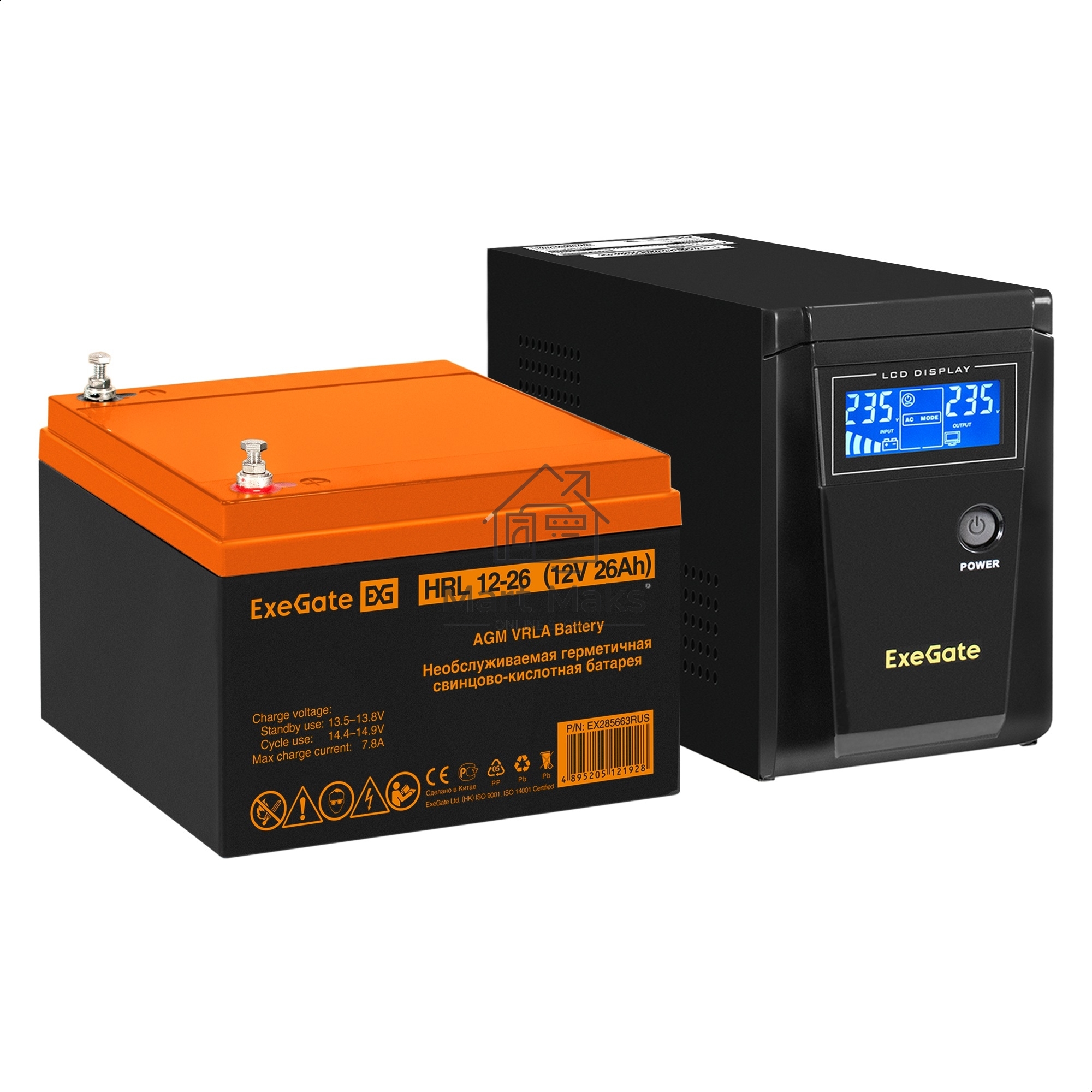 Комплект Источник бесперебойного питания EX295986RUS + батарея 26Aч EX285663RUS 1шт (инвертор, синус, для котла) ExeGate SineTower SZ-600.LCD.AVR.1SH <600VA/360W, чистый синусоида, LCD дисплей, AVR, 1*Schuko, линейно-интерактивный, Black> + батарея ExeGat