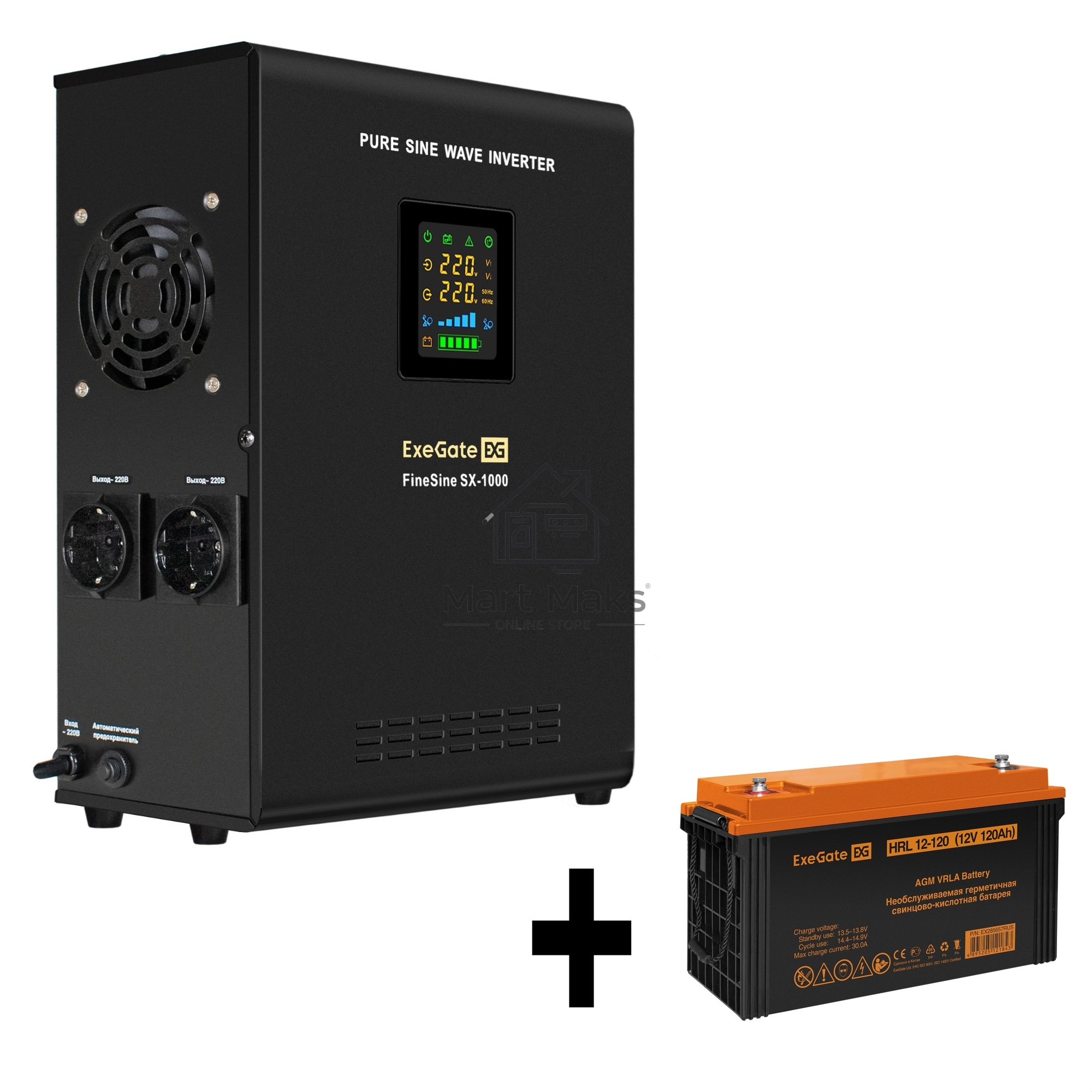 Комплект ИБП EX295997RUS + батарея 120Aч EX285657RUS 1шт ExeGate FineSine SX-1000.LCD.AVR.2SH + батарея ExeGate HRL 12-120 (12В, 120Ач) 1шт