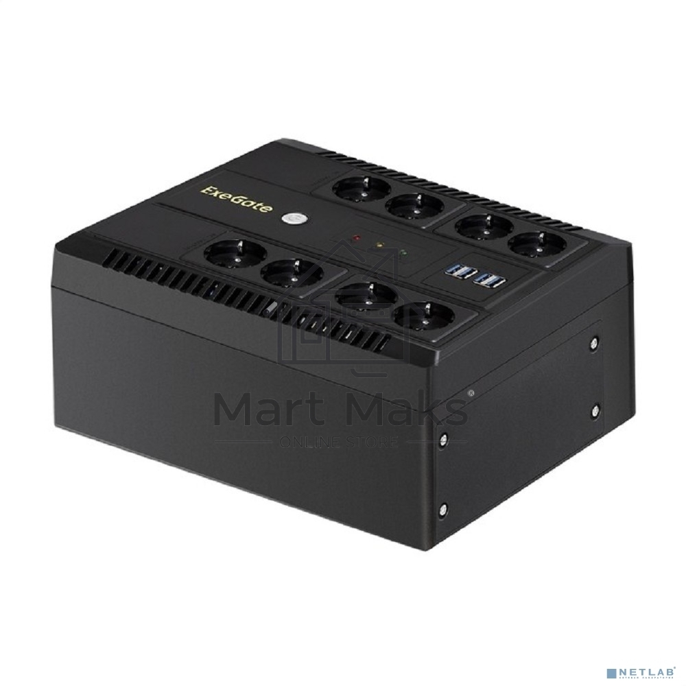 Источник бесперебойного питания ExeGate NEO NNB-1000.LED.AVR.8SH.CH <1000VA/650W, LED, AVR, 8*Schuko, 4*USB-порта для зарядки, Black>