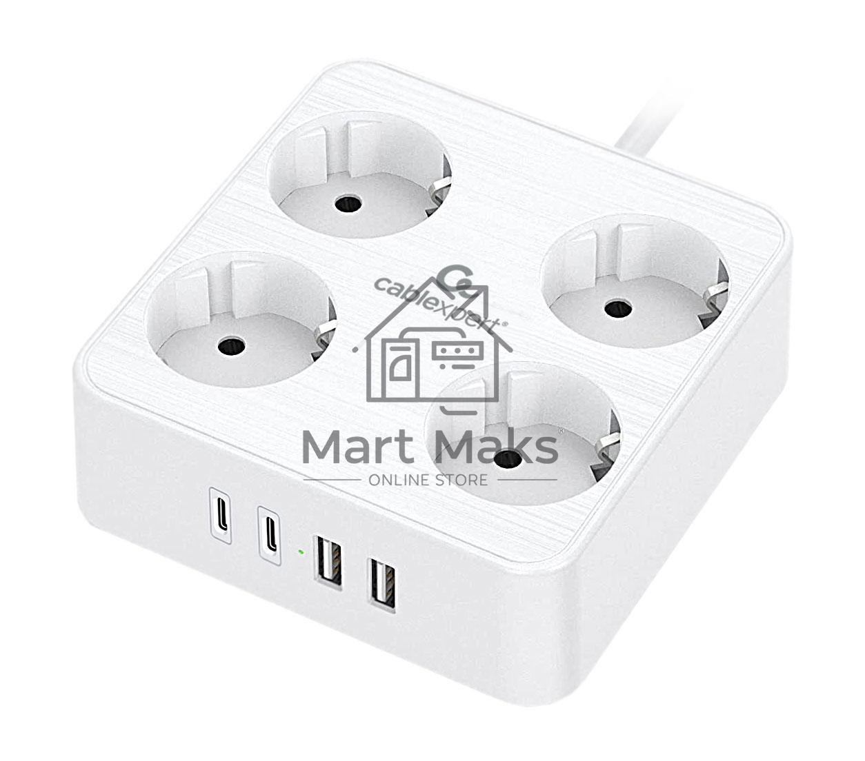 Сетевой фильтр Cablexpert Plate, PLT-4-C2U2-W-3, 4р, 10А, 2xType-C PD, 20Вт, 2xUSB, 2.4A, 3м, ур.защиты 4+, белый, коробка