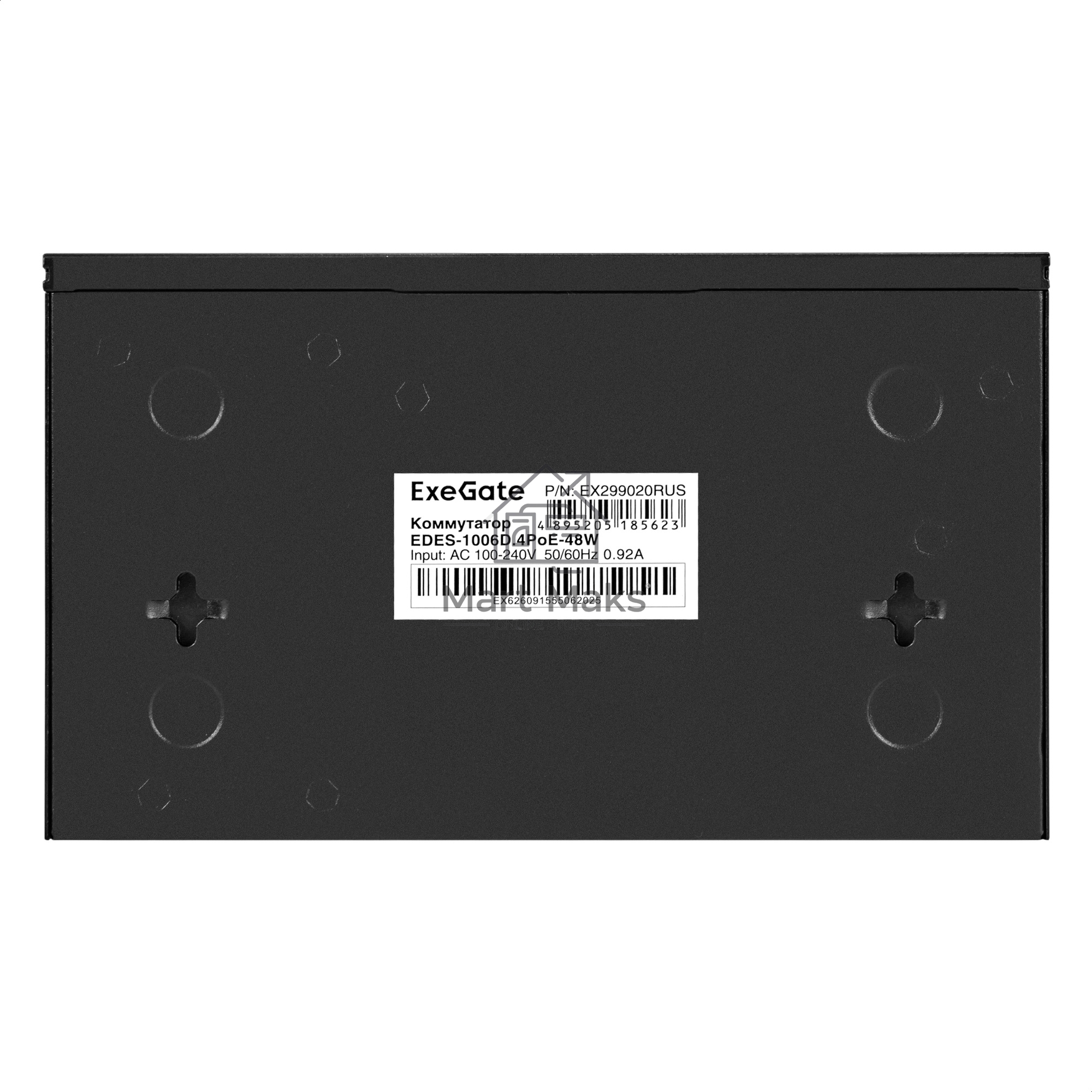 Коммутатор неуправляемый ExeGate EDES-1006D.4PoE-48W (6-портовый UTP 10/100 Base-Tx: 4 порта 802.3af (PoE), мощность PoE: 25W, суммарно 48W, 2 порта RJ45 uplink, настенный/настольный, металлический корпус)