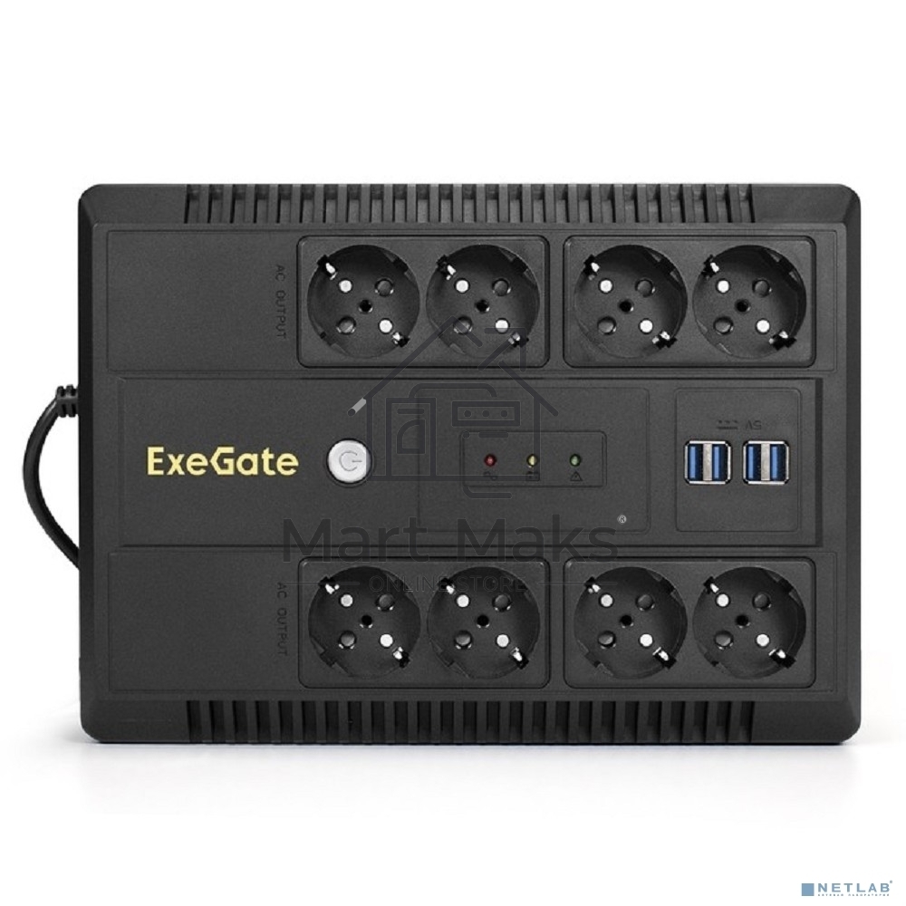 Источник бесперебойного питания ExeGate NEO NNB-1000.LED.AVR.8SH.CH <1000VA/650W, LED, AVR, 8*Schuko, 4*USB-порта для зарядки, Black>