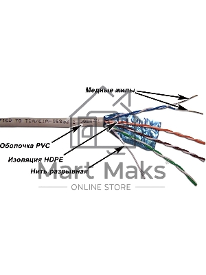 Кабель TWT FTP, серии XS, 4 пары, Кат.5e, PVC, серый, 305 метров