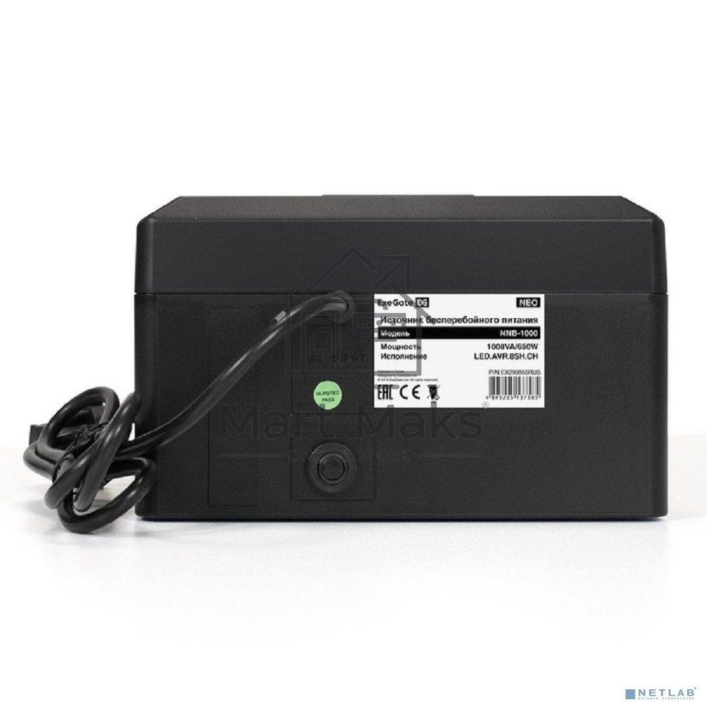 Источник бесперебойного питания ExeGate NEO NNB-1000.LED.AVR.8SH.CH <1000VA/650W, LED, AVR, 8*Schuko, 4*USB-порта для зарядки, Black>