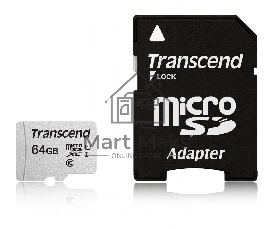 Флеш карта Micro SecureDigital 64Gb Transcend Class 10 TS64GUSD300S-A MicroSDXC Class 10 UHS-I, SD adapter