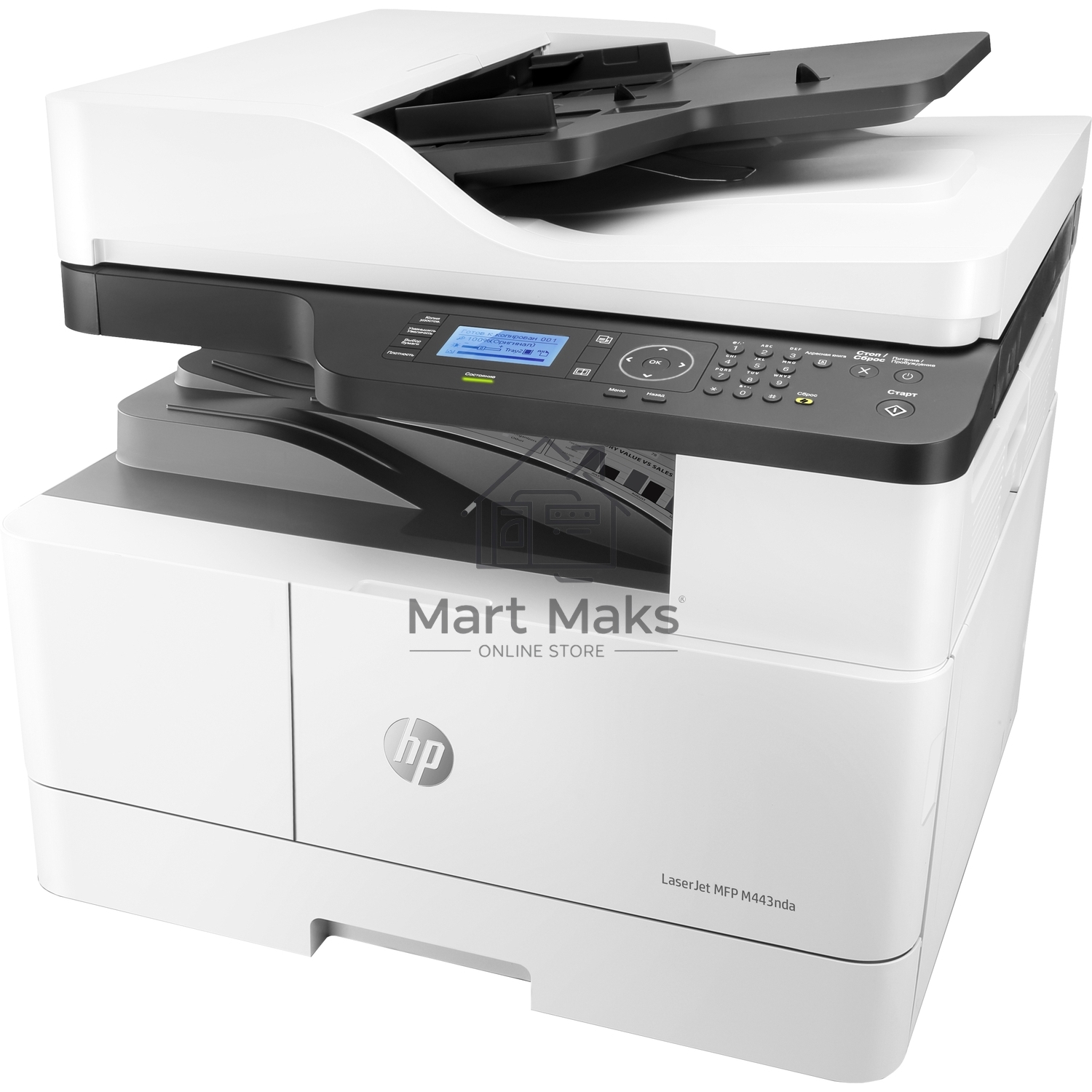 МФУ лазерный HP LaserJet MFP M443nda (8AF72A), A3, ч/б, печ. до 25 стр/мин. (А4) до 13 стр/мин. (А3), скан. до 21 стр/мин., 1200 x 1200 dpi (печать) 600x600dpi (скан.), USB, RJ-45