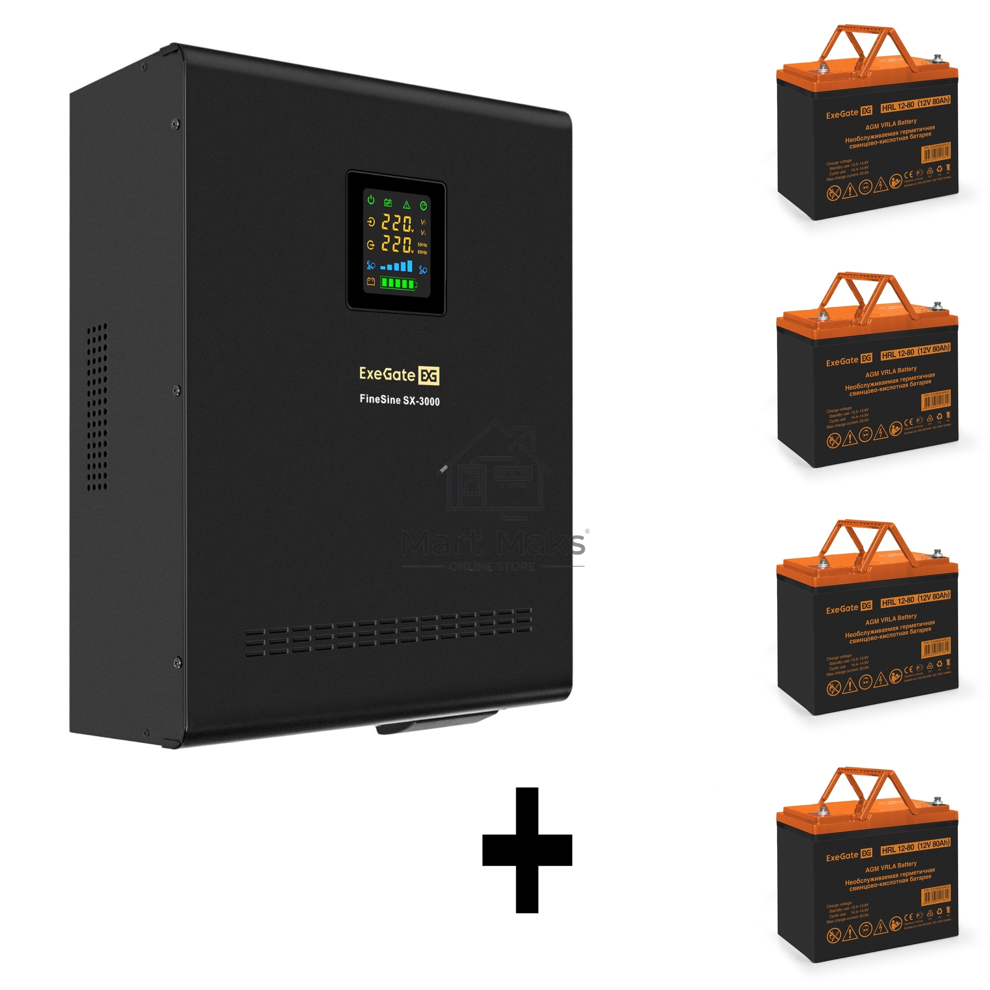 Комплект источника бесперебойного питания Exegate EX296003RUS + батарея 80Aч EX285654RUS 4шт (инвертор, синус, для котла, настенный) ExeGate FineSine SX-3000.LCD.AVR.2SH.T <3000VA/2100W, чистая синусоида, цветной LCD-дисплей, AVR, 2*Schuko+клеммы, линейно