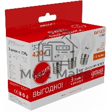Лампа cветодиодная Gauss Elementary Шар 6W 3000K E27 (3 лампы в упаковке) LED 1/40