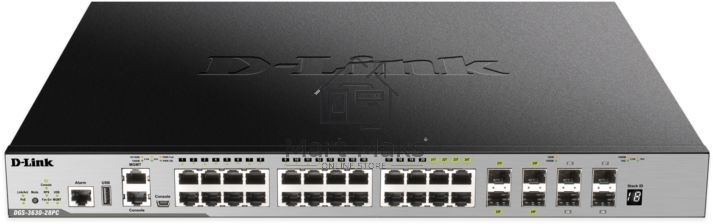 Коммутатор Managed L3 Stackable Switch 20x1000Base-T PoE, 4x10GBase-X SFP+, 4xCombo 1000Base-T PoE/SFP, PoE Budget 370W (740W with DPS-700), Surge 6KV, CLI, 1000Base-T Management, RJ45 Console, mini-USB Console, USB, RPS, Alarm RJ-45, Dying Gasp, Standard