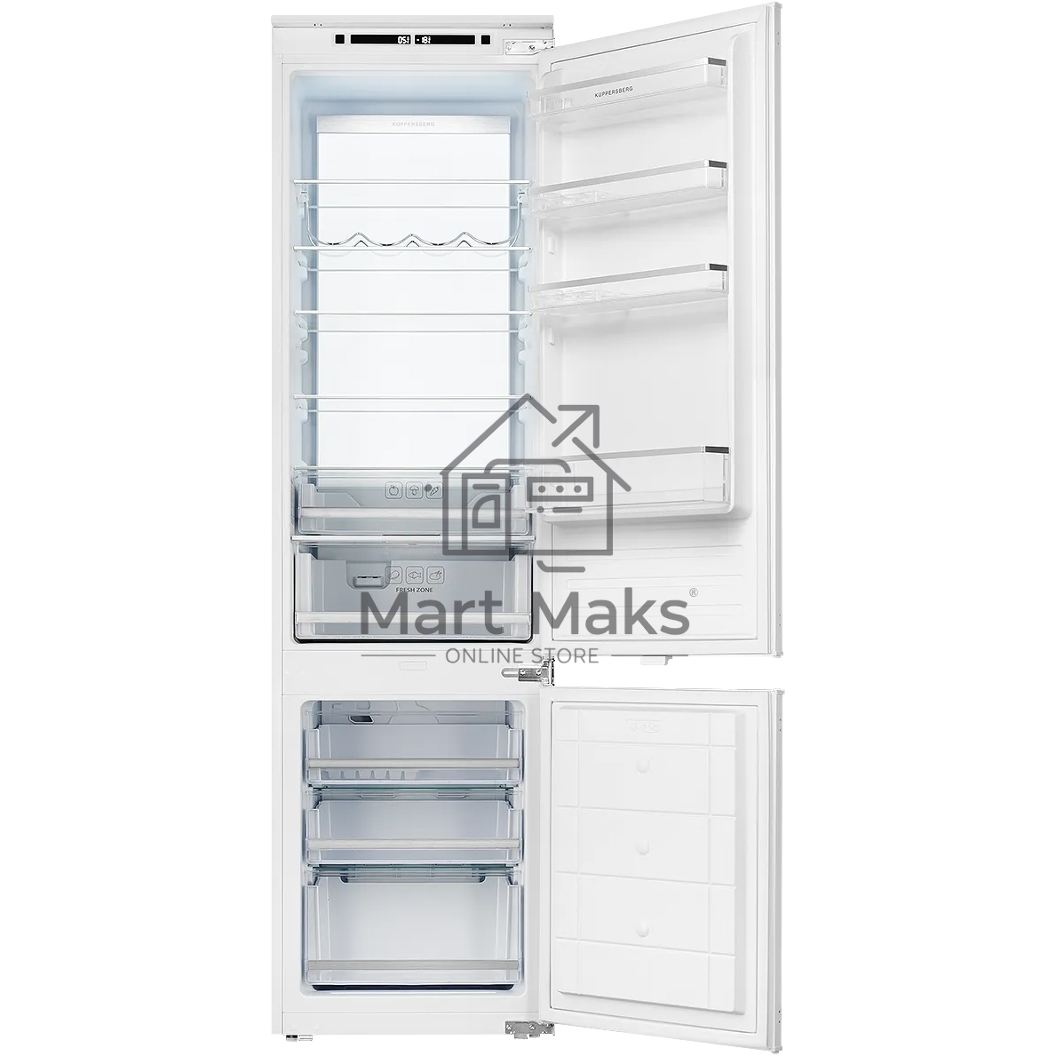 Встраиваемый холодильник Kuppersberg RBN 1960, High-Tech, объем 267 л, скользящий фасад, электронное управление, No Frost, антибактериальный пластик, звуковой сигнал при открытой дверце, перенавешиваемые двери, LED освещение, уровень шума 41 дБ, энергоэфф