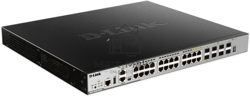 Коммутатор Managed L3 Stackable Switch 20x1000Base-T PoE, 4x10GBase-X SFP+, 4xCombo 1000Base-T PoE/SFP, PoE Budget 370W (740W with DPS-700), Surge 6KV, CLI, 1000Base-T Management, RJ45 Console, mini-USB Console, USB, RPS, Alarm RJ-45, Dying Gasp, Standard